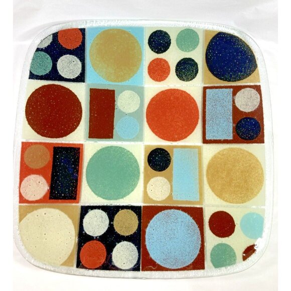 Peggy Karr Fused Art Glass Square Plate Platter Geometric Modern Metro Signed - Picture 1 of 7